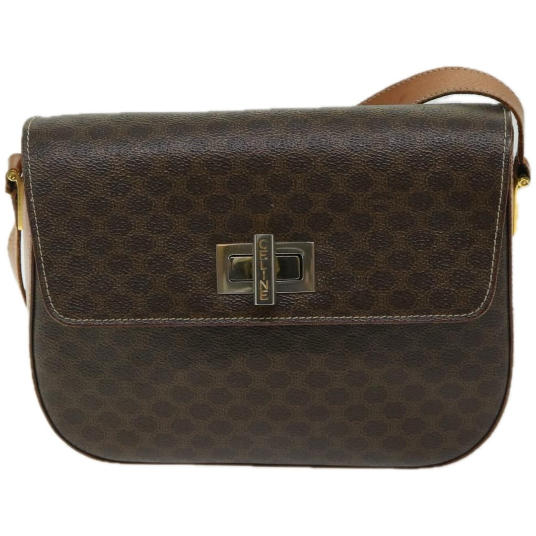 Celine Macadam Canvas Shoulder Bag PVC Leather Brown Auth 67004