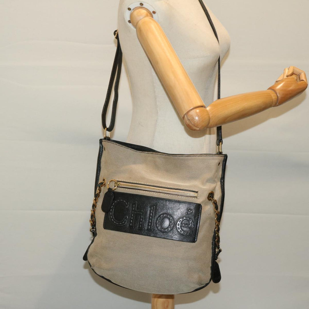 Chloe Harley Shoulder Bag Canvas Leather Beige Black 67269