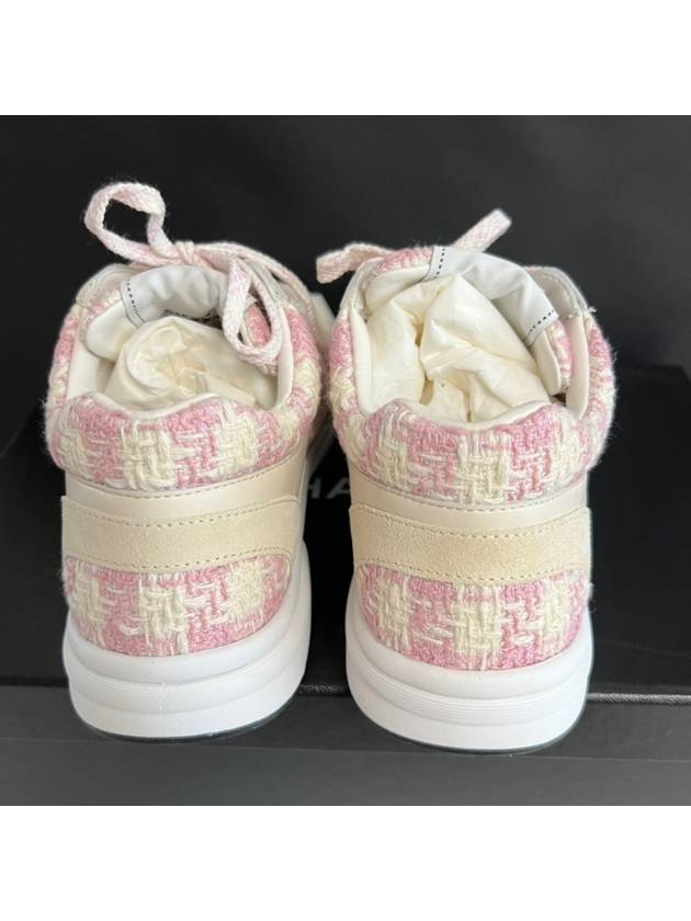 CC Logo Cotton Tweed Suede Calfskin Low Top Sneakers Pink Ecru Chanel