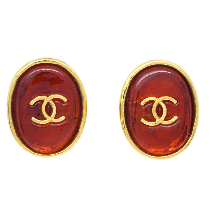 Top Quality Chanel Gripoix Oval Earrings Clip-On Red 93A