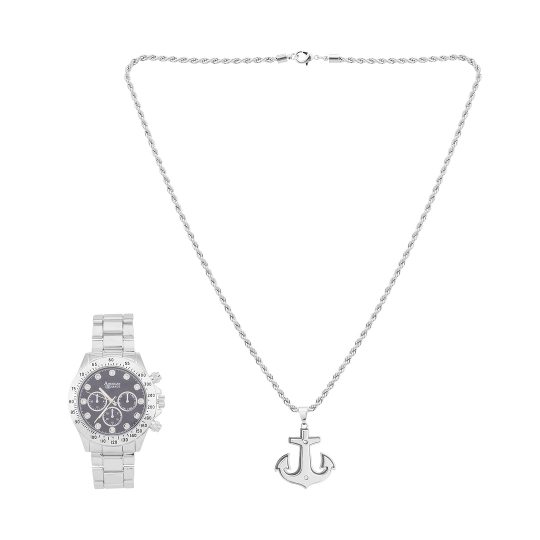 American Exchange Men's Analog Silver Tone Metal Bracelet Watch 46mm Gift Set