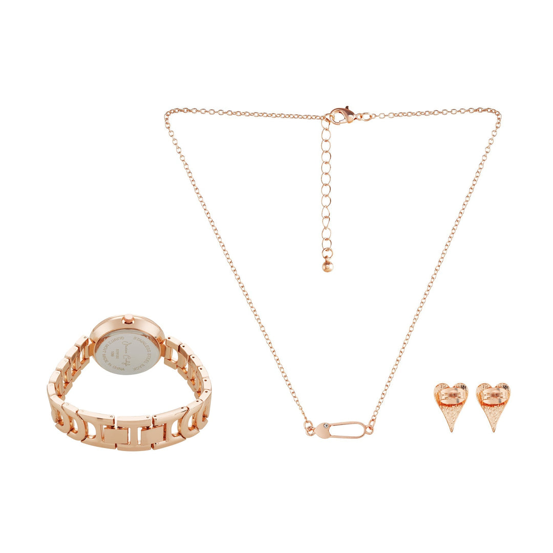 Jessica Carlyle Ladies Analog Watch W/ " Love is Love" Necklace And Earring Set, Shiny Rose Gold
