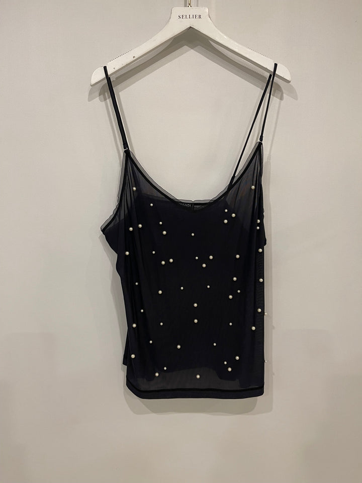 Top Quality Chanel Black Tank Top with Pearl Embellishments and CC Logo Detail Size FR 38 (UK 10)