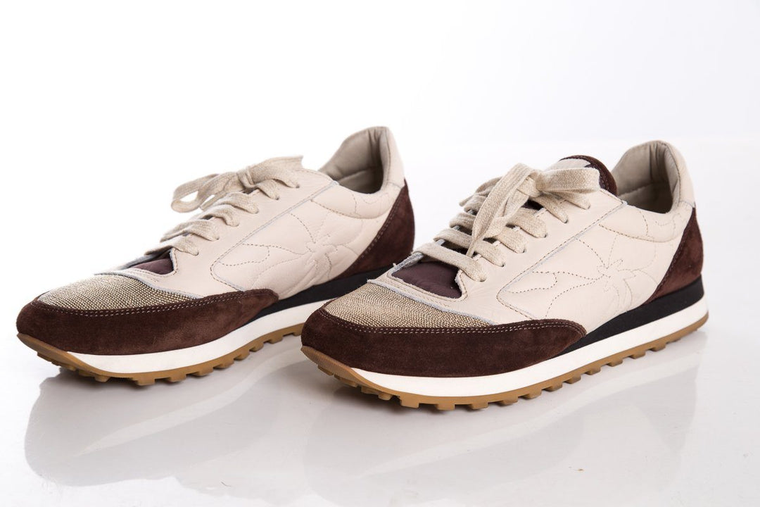 Brunello Cucinelli Brown Suede & Leather Glitter Sneakers SZ 40