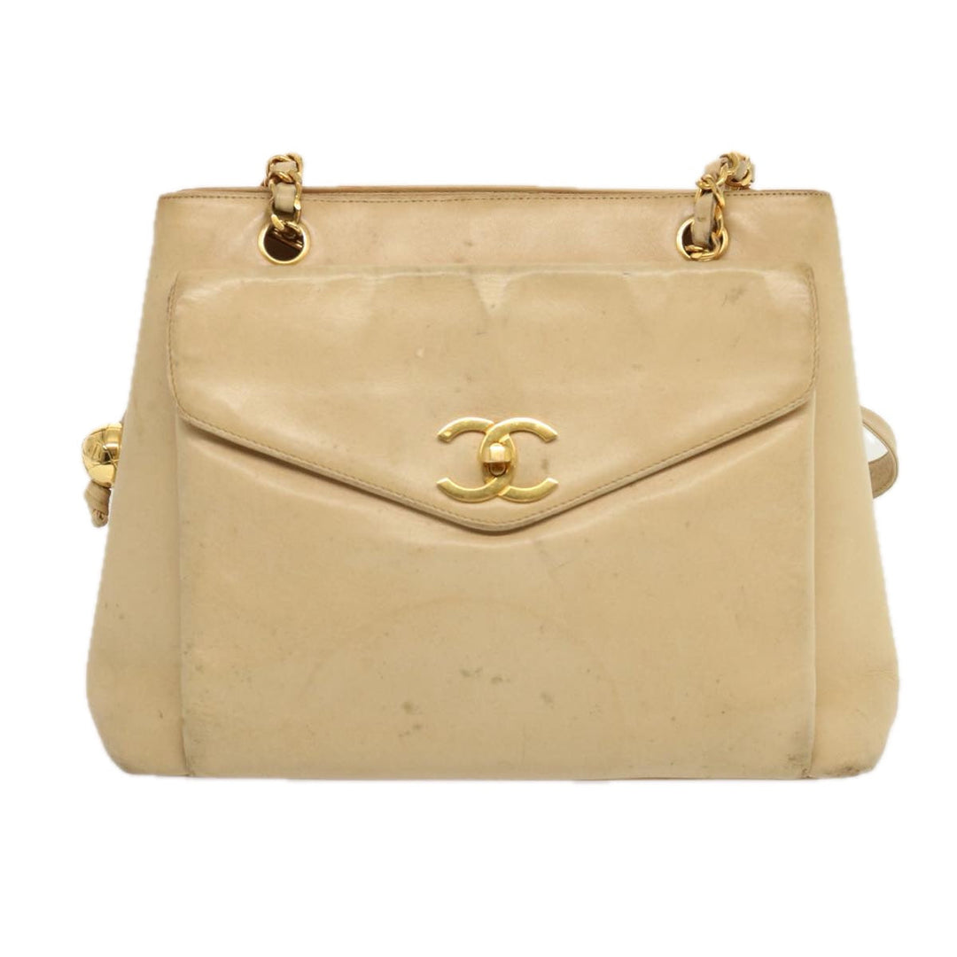 Top Quality Chanel Chain Tote Bag Leather Beige CC Auth 69975A