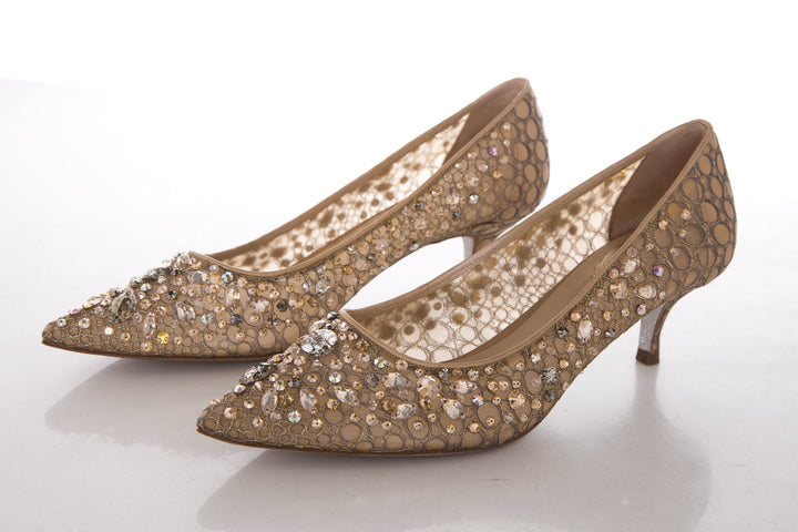 Rene Caovilla Gold Jeweled Lace Heels SZ 38