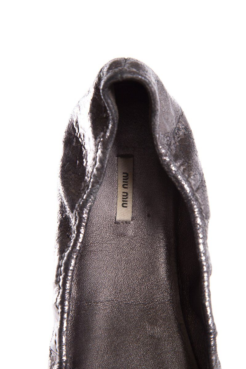 Miu Miu Metallic Grey Leather Crystal Embellishments Ballet Flats SZ 38.5