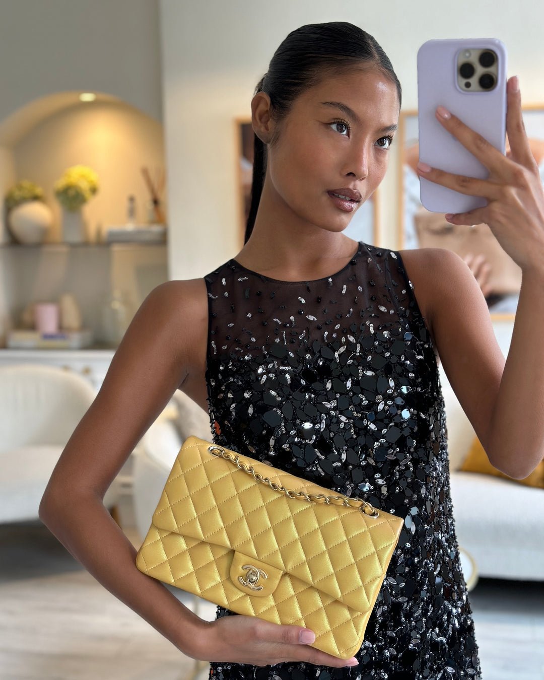 *HOT* Top Quality Chanel Iridescent Mustard Yellow Medium Double Flap Bag in Lambskin Leather with Champagne Gold Hardware