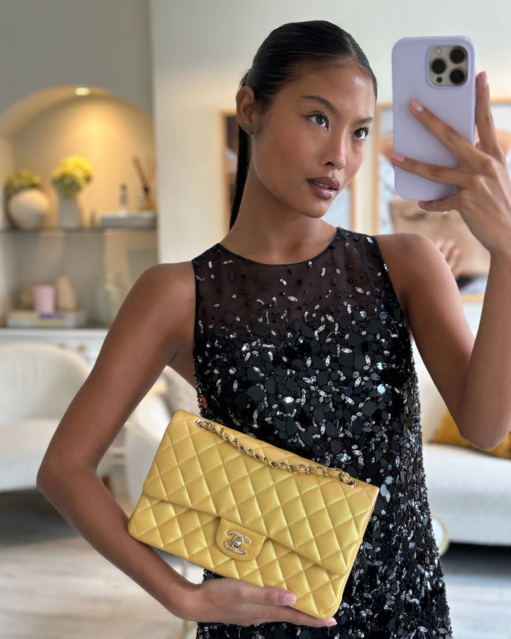 *HOT* Top Quality Chanel Iridescent Mustard Yellow Medium Double Flap Bag in Lambskin Leather with Champagne Gold Hardware