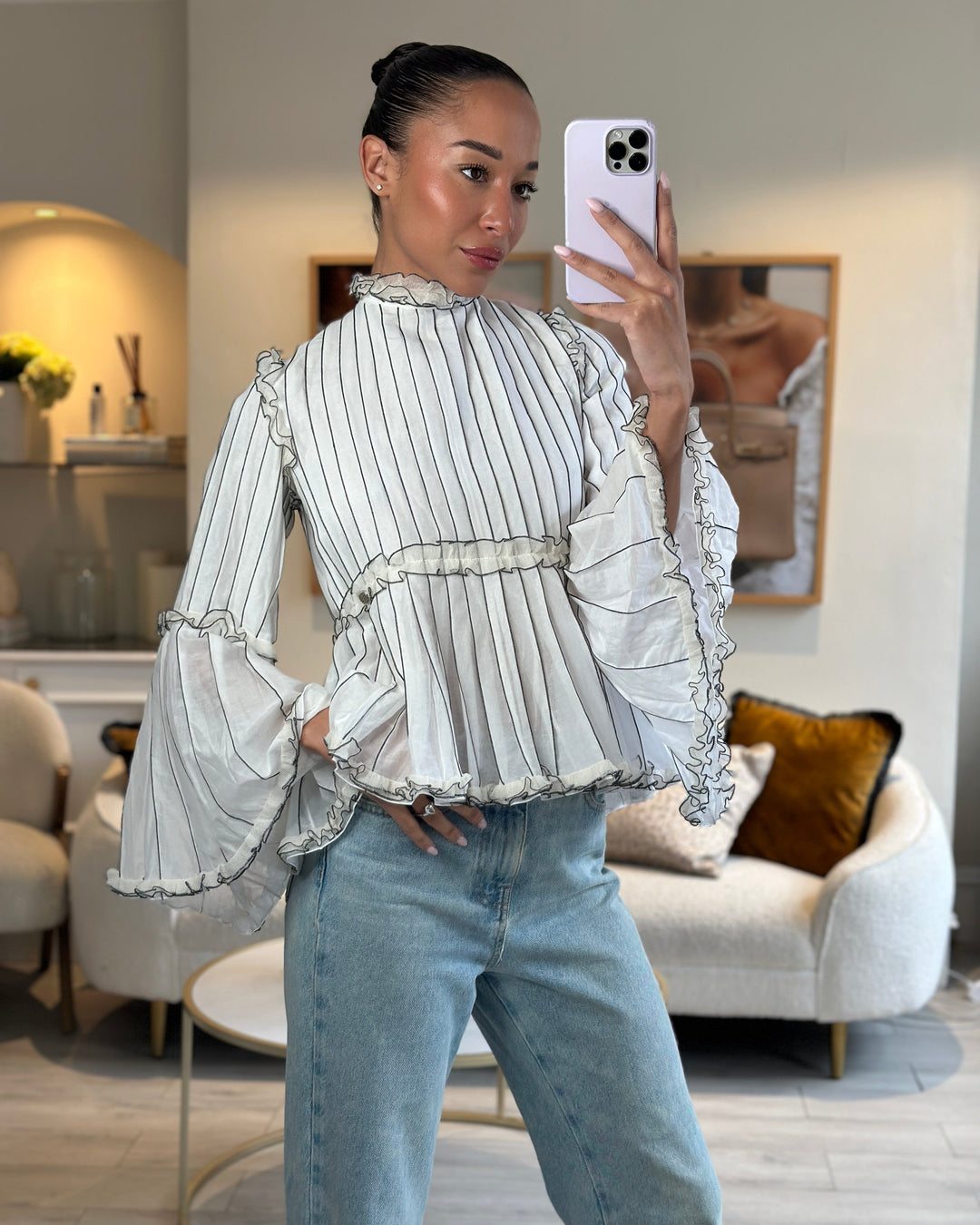 Top Quality Chanel Spring 2017 White Silk Striped Ruffle Long-Sleeve Top  Velcro Back Detail Size FR 36 (UK 8)