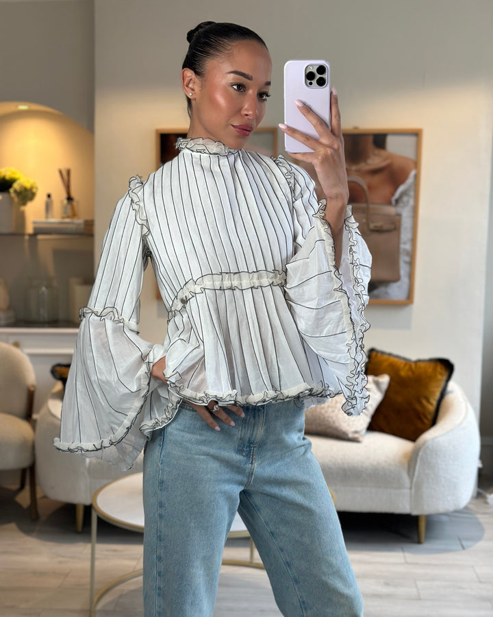Top Quality Chanel Spring 2017 White Silk Striped Ruffle Long-Sleeve Top  Velcro Back Detail Size FR 36 (UK 8)