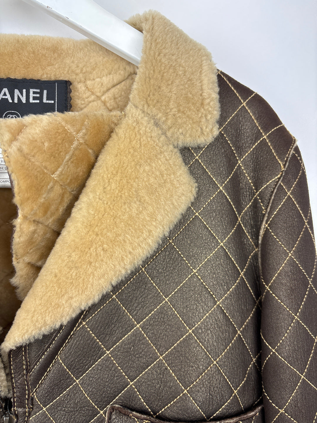 Top Quality Chanel Brown Quilted Stitch Shearling Zip -Up Jacket With Double Collar Detail FR 36 (UK 8)
