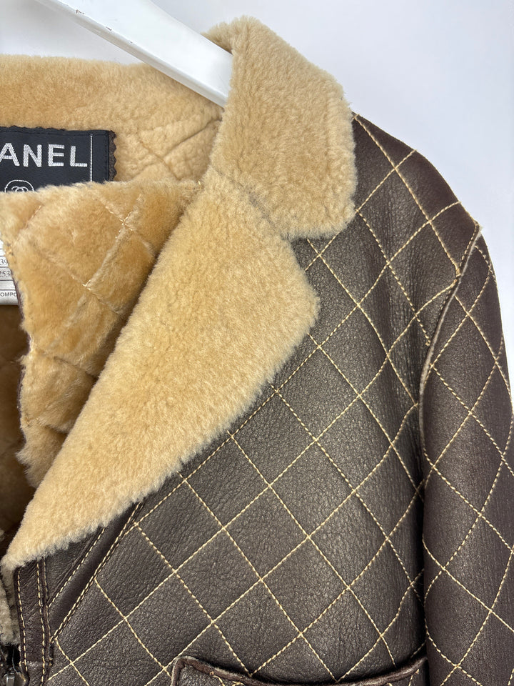 Top Quality Chanel Brown Quilted Stitch Shearling Zip -Up Jacket With Double Collar Detail FR 36 (UK 8)