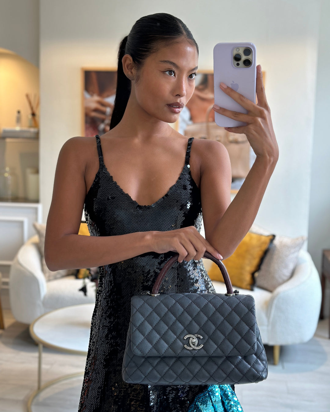 *RARE* Top Quality Chanel Medium Coco Top Handle Bag Grey Caviar with Python Handle and Ruthenium Hardware