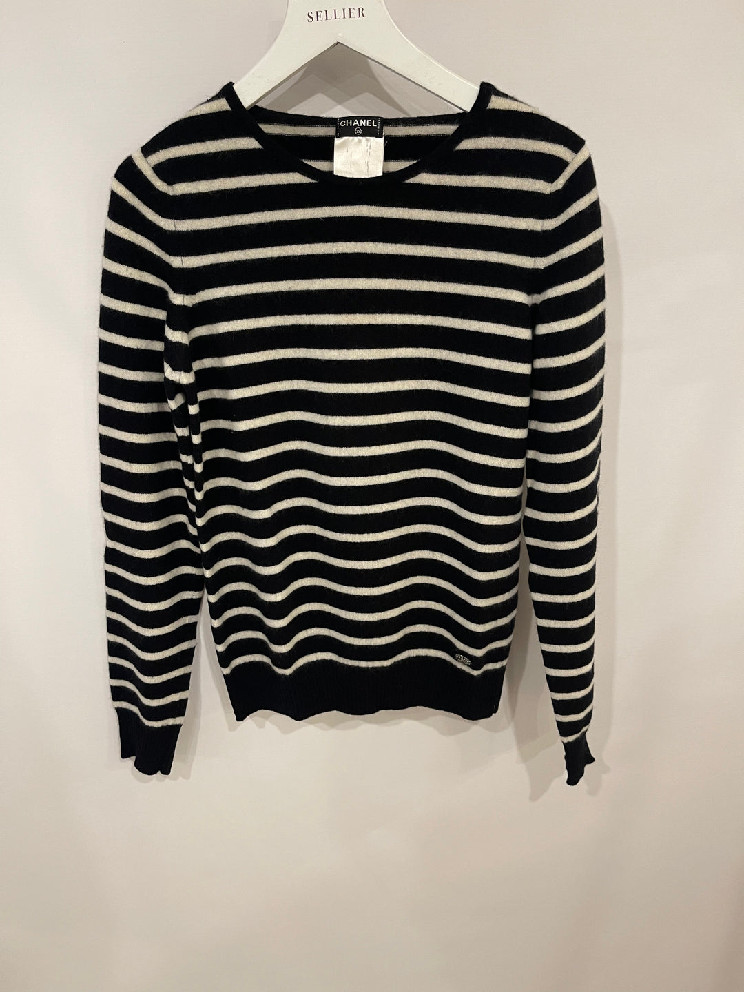 Top Quality Chanel Black and White Striped Cashmere Jumper with Silver Detail Size FR 38 (UK 10)