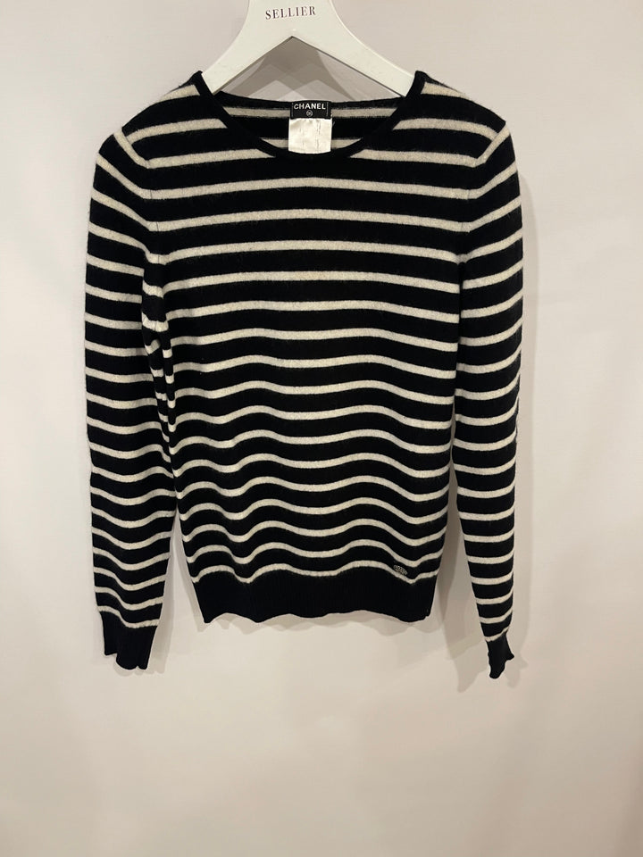 Top Quality Chanel Black and White Striped Cashmere Jumper with Silver Detail Size FR 38 (UK 10)