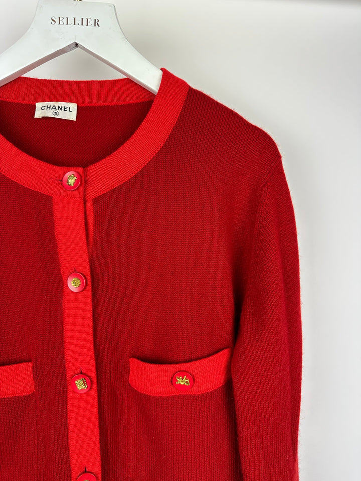 *HOT* Chanel Red Long Sleeve Knit Mini Dress with Multi Icon Logo Button Details FR 38 (UK 10)