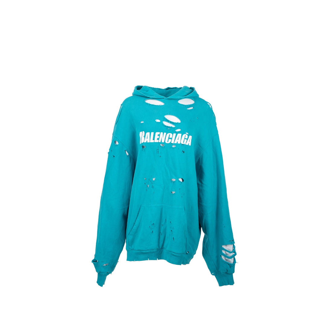 Top Quality Balenciaga size XS ripped oversized logo hoodie blue