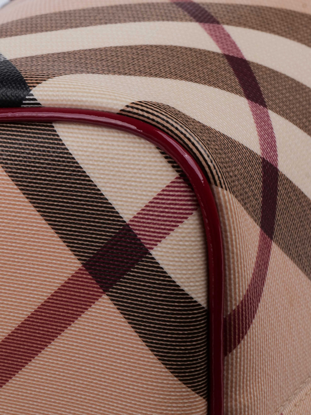 Burberry Haymarket Boston Bag with Dark Red Patent Trim.