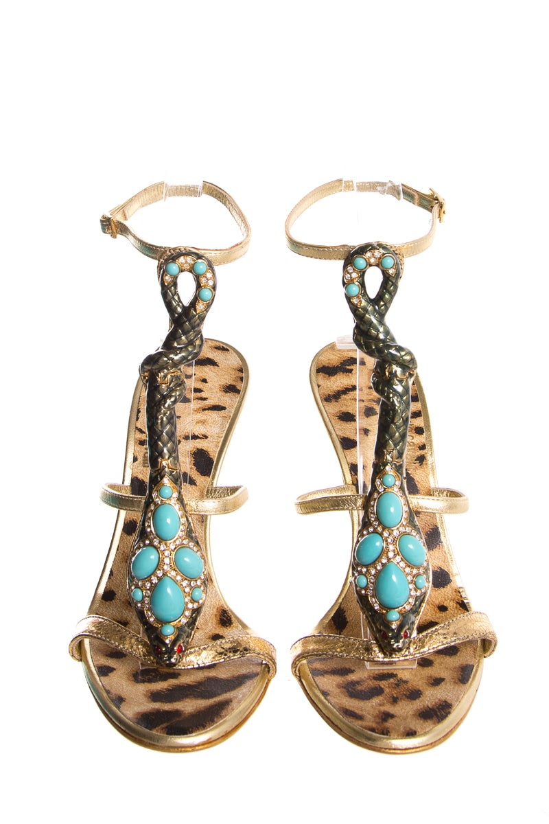 Roberto Cavalli Gold & Multi Cobra Detail Sandals SZ 36