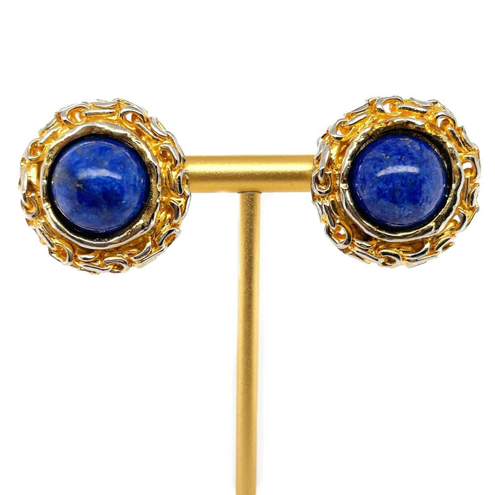 Chanel - 93A Woven Chain Lapis Lazuli Cabochon Button Earrings Gold / Blue