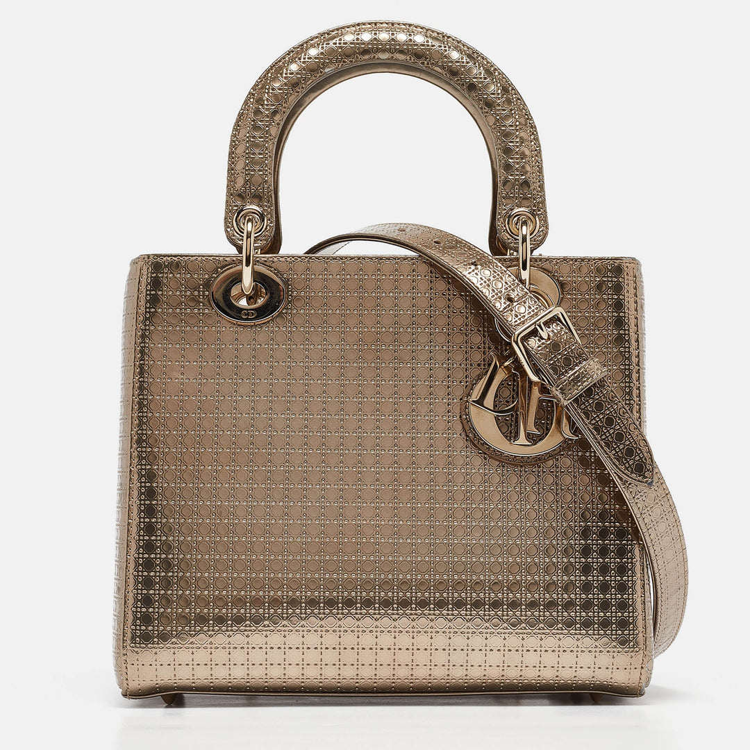 Top quality Dior Gold Microcannage Patent Leather Medium Lady Tote