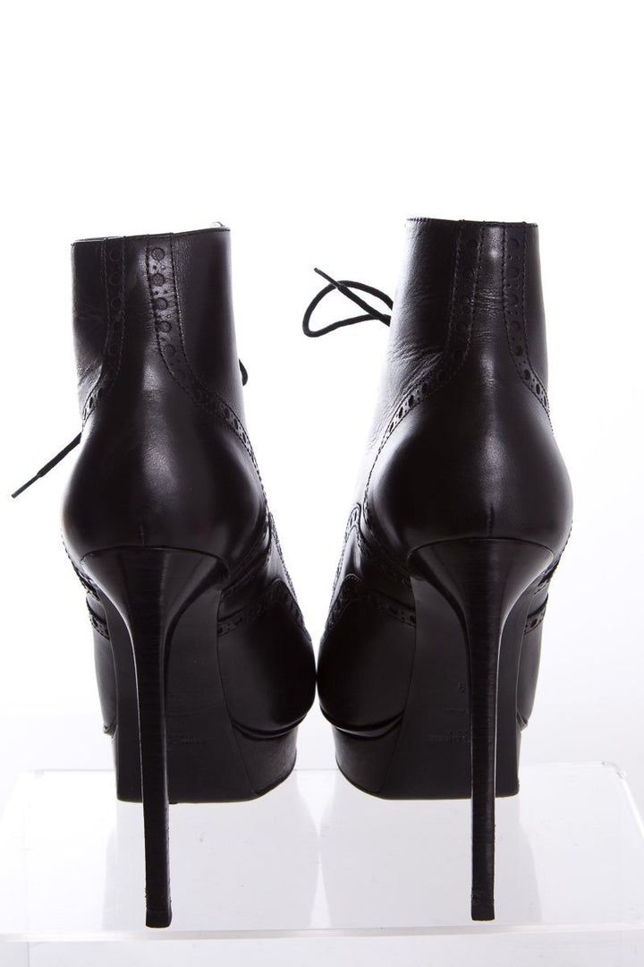 Yves Saint Laurent Black Leather Lace-Up Pointed-Toe Boots SZ 39