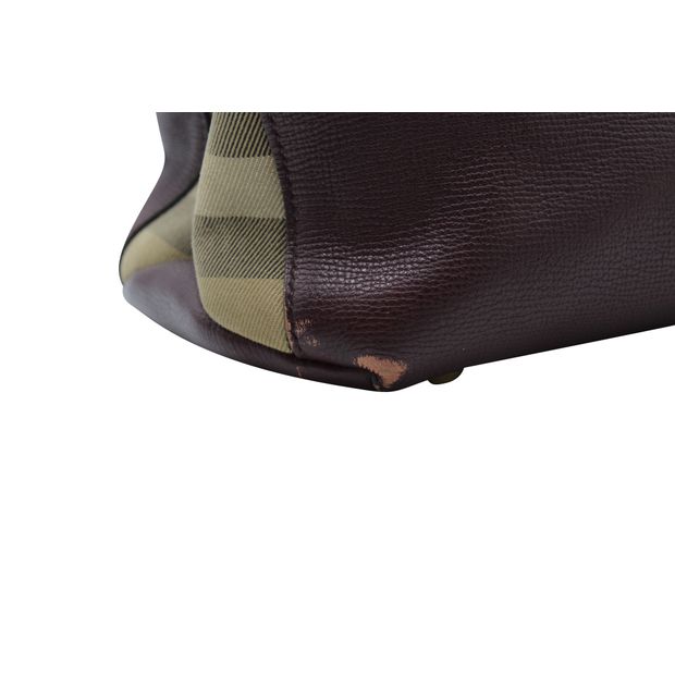 BURBERRY Dark Purple Grained Leather Tote - Checked Pattern On Sides