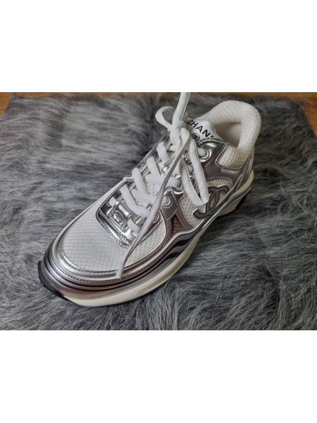 Fabric Laminated Low Top Sneakers Silver Chanel