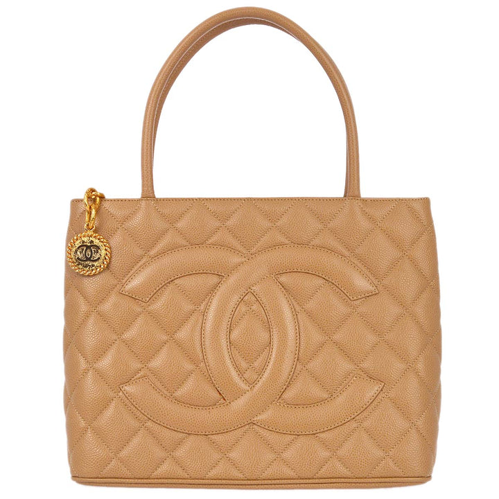 Top Quality Chanel 2001-2003 Medallion Tote Beige Caviar