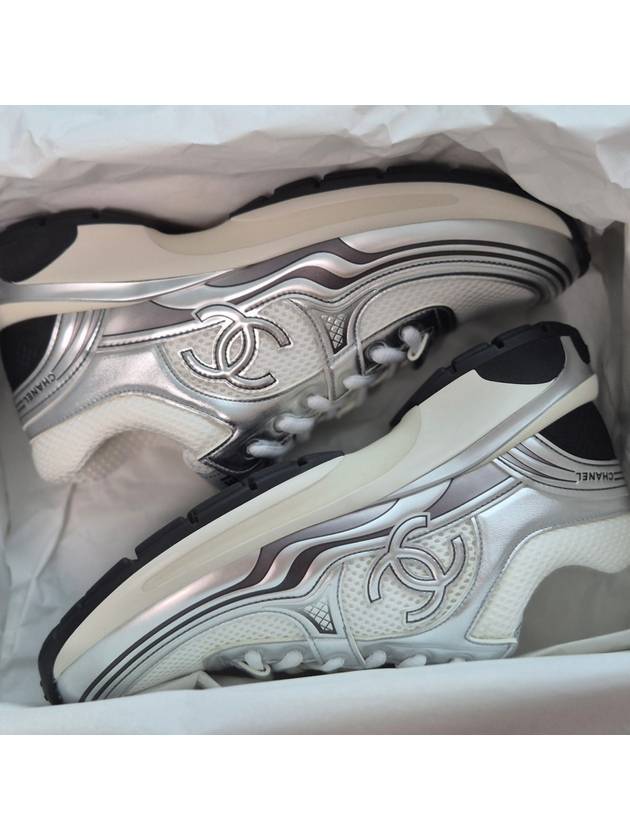 Fabric Laminated Low Top Sneakers Silver Chanel