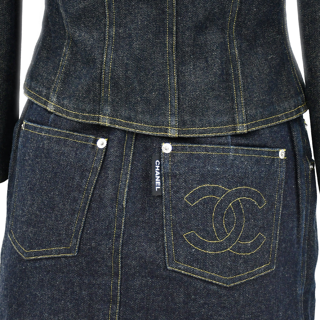 Top Quality Chanel Spring 1996 Setup Suit Collarless Jacket Skirt Denim Indigo #38
