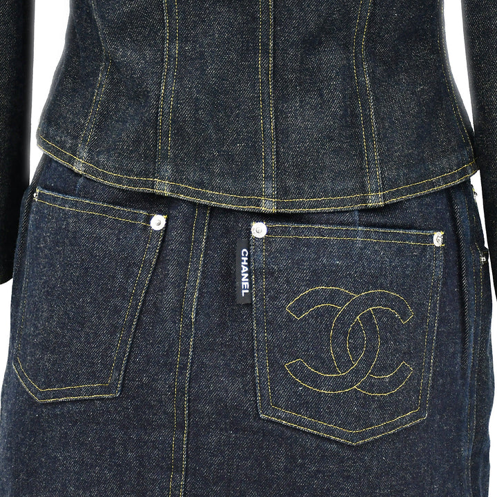 Top Quality Chanel Spring 1996 Setup Suit Collarless Jacket Skirt Denim Indigo #38