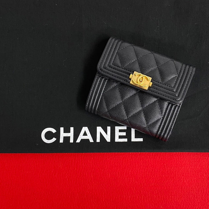 Top Quality Chanel Boy Matelasse Caviar Bifold Wallet Black
