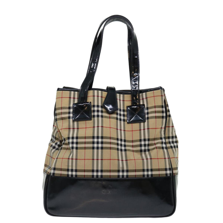 BurberrySs Nova Check Blue Label Tote Bag Canvas Beige Black Auth 71014