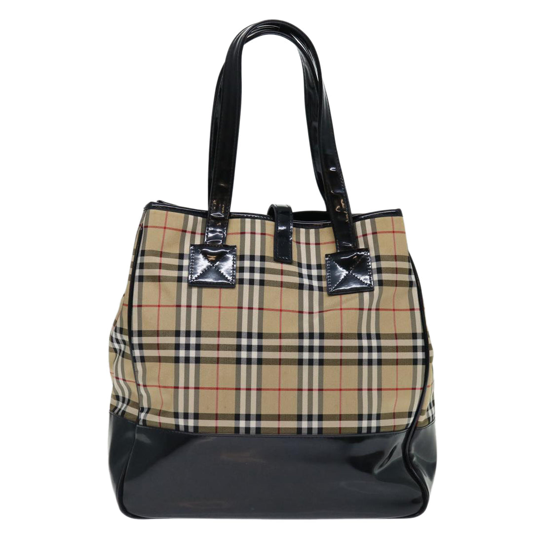 BurberrySs Nova Check Blue Label Tote Bag Canvas Beige Black Auth 71014