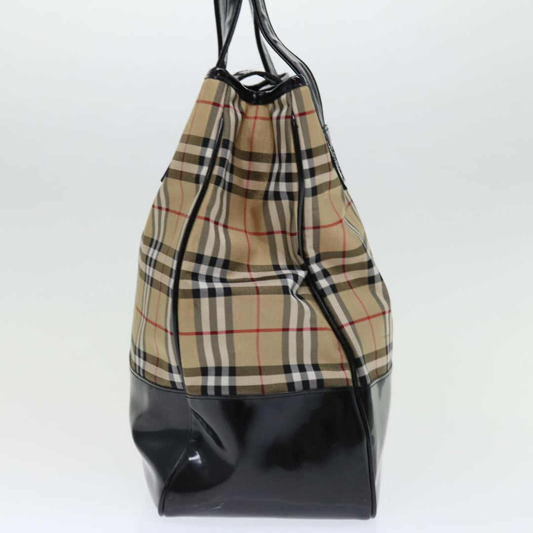 BurberrySs Nova Check Blue Label Tote Bag Canvas Beige Black Auth 71014
