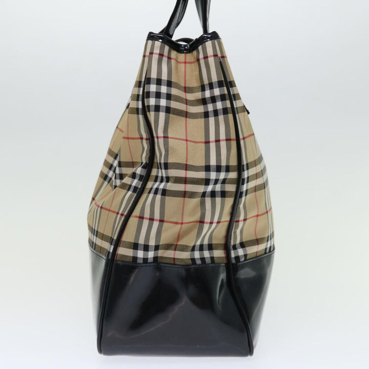BurberrySs Nova Check Blue Label Tote Bag Canvas Beige Black Auth 71014