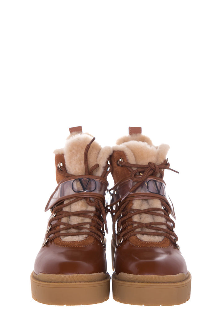 Valentino Chestnut Shearling Detail Logo Strap Boots SZ 38
