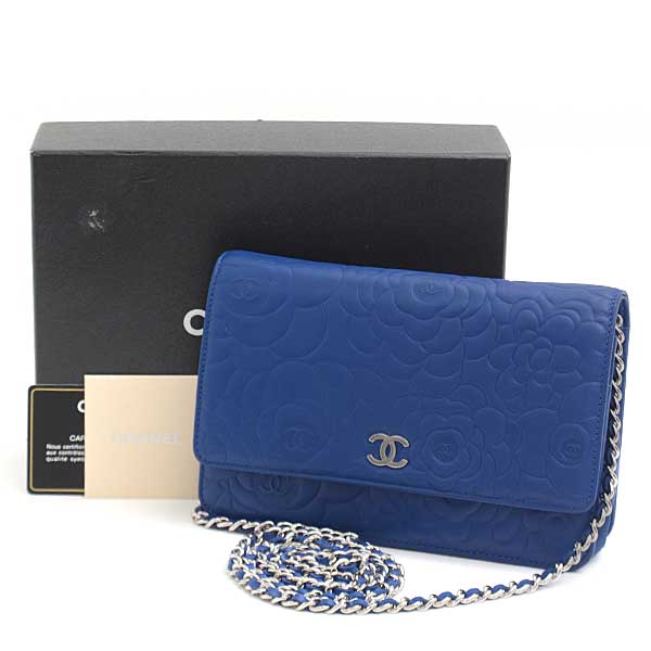 Top Quality Chanel Camellia Chain Wallet Blue Lambskin