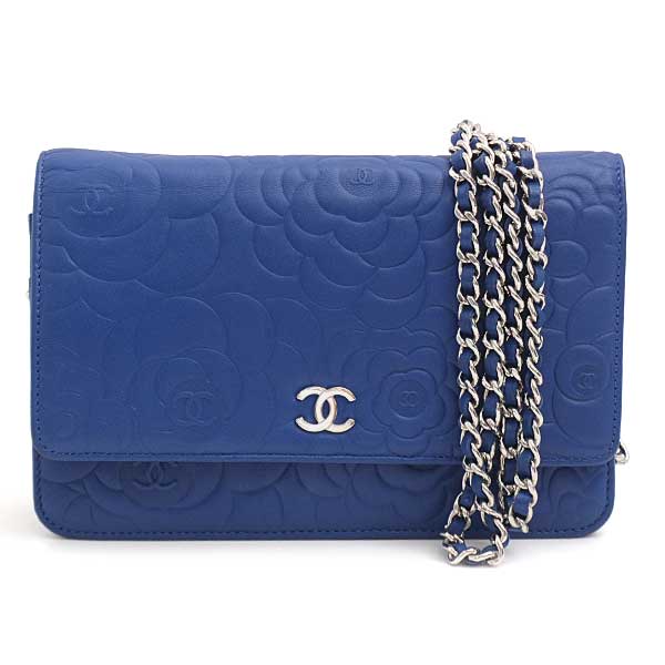 Top Quality Chanel Camellia Chain Wallet Blue Lambskin