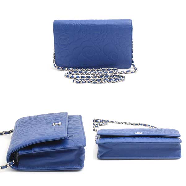 Top Quality Chanel Camellia Chain Wallet Blue Lambskin