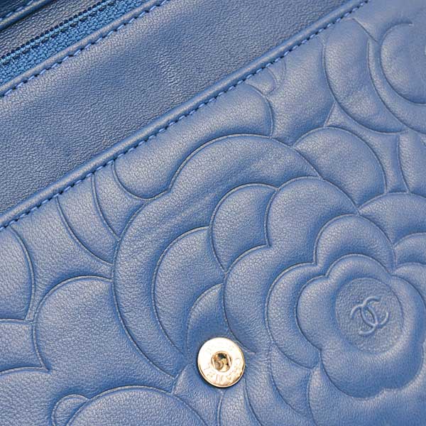 Top Quality Chanel Camellia Chain Wallet Blue Lambskin