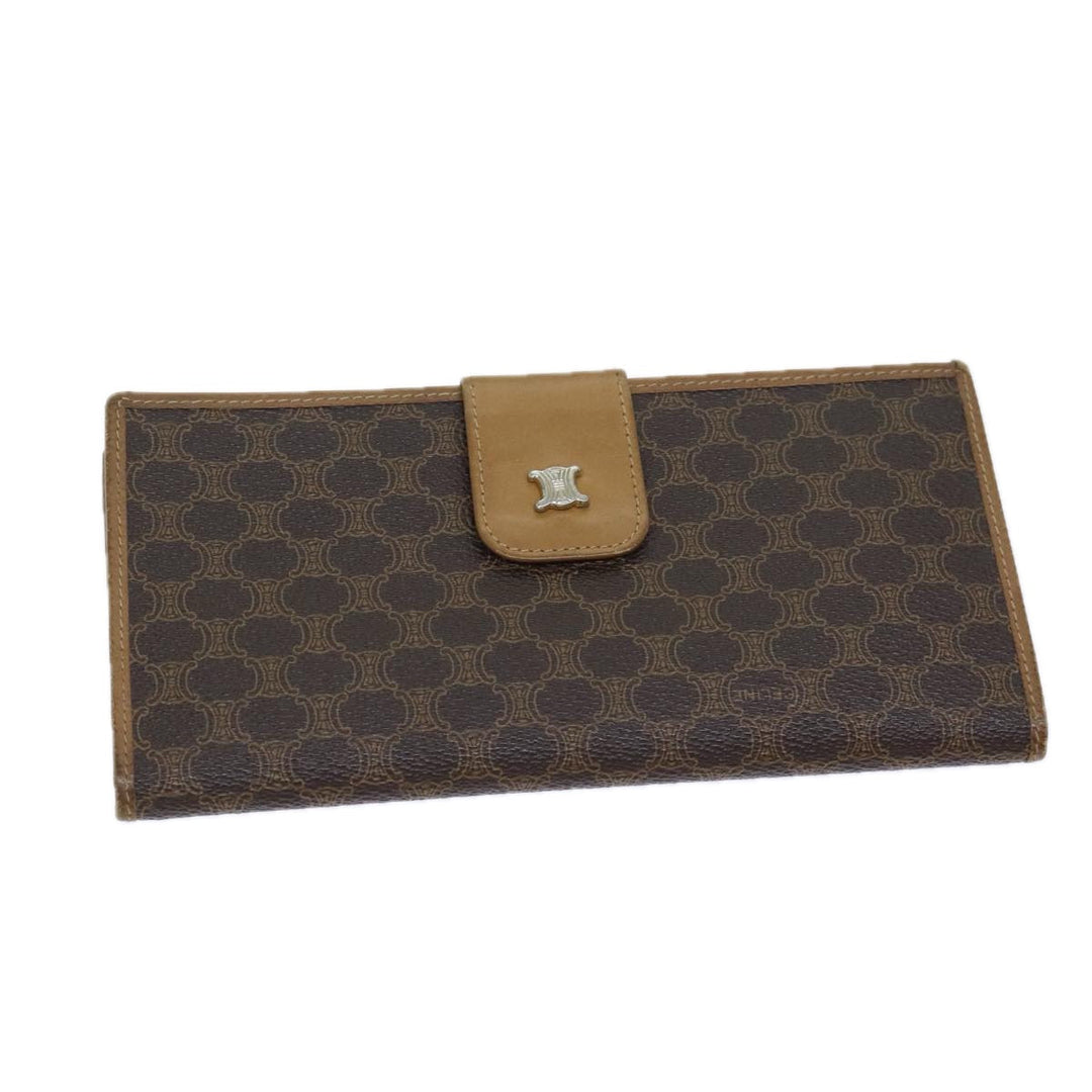 Celine Macadam Canvas Long Wallet Leather Brown Auth 72095
