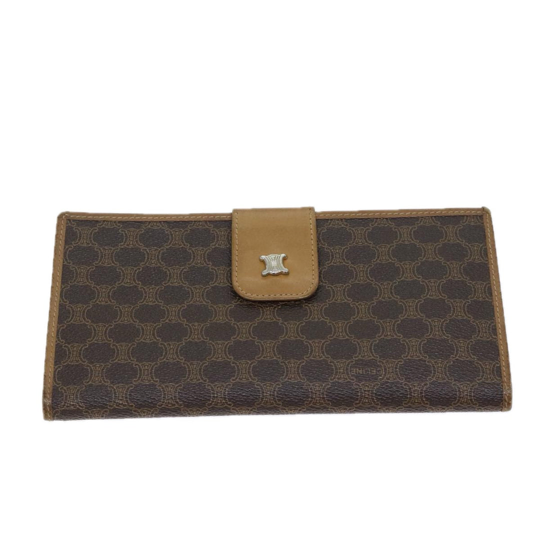 Celine Macadam Canvas Long Wallet Leather Brown Auth 72095