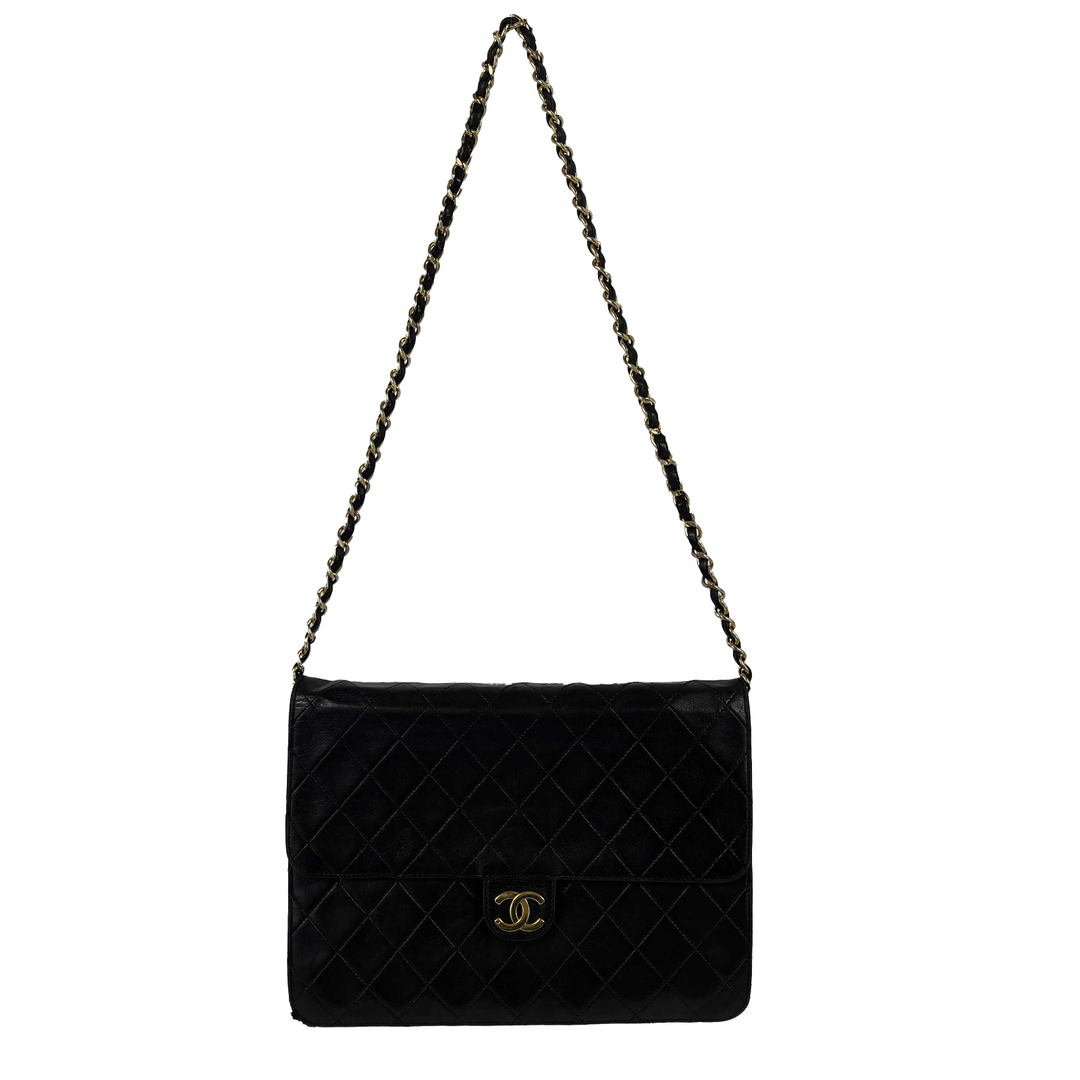 Chanel - VTG CC Logo Old Medium Black Matelasse Quilted Shoulder Bag
