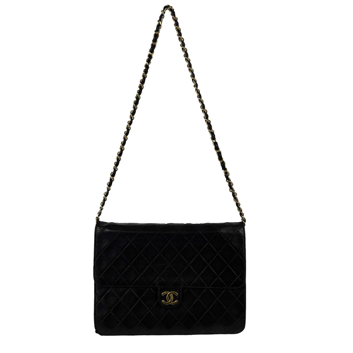 Chanel - VTG CC Logo Old Medium Black Matelasse Quilted Shoulder Bag