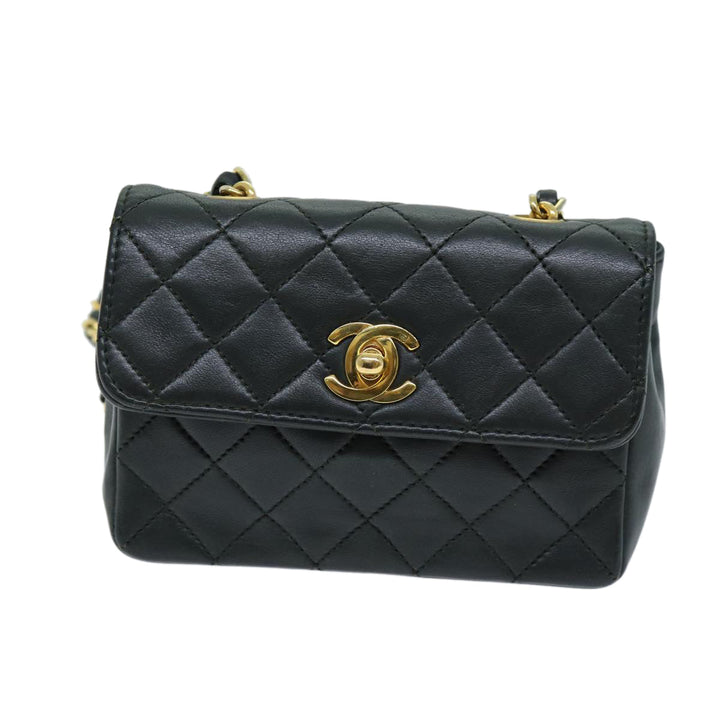 Chanel Mini Matelasse Turn Lock Chain Bag Lamb Skin Black CC Auth 72435A