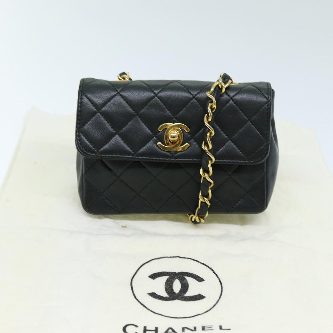 Chanel Mini Matelasse Turn Lock Chain Bag Lamb Skin Black CC Auth 72435A