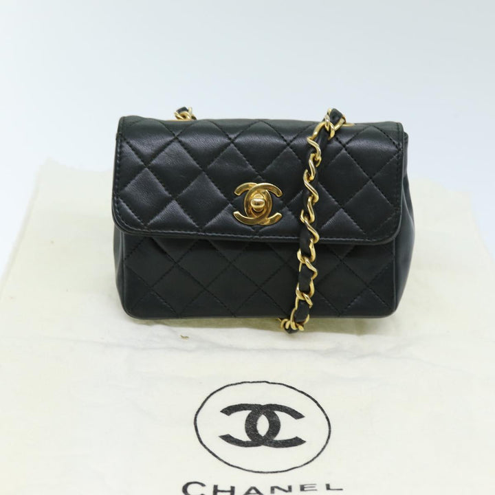 Chanel Mini Matelasse Turn Lock Chain Bag Lamb Skin Black CC Auth 72435A